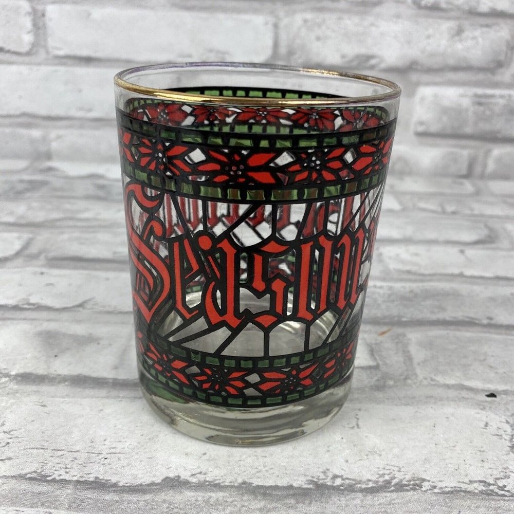 Houze Season’s Greetings Cup Stained Glass Style Barware Lowball Glass
